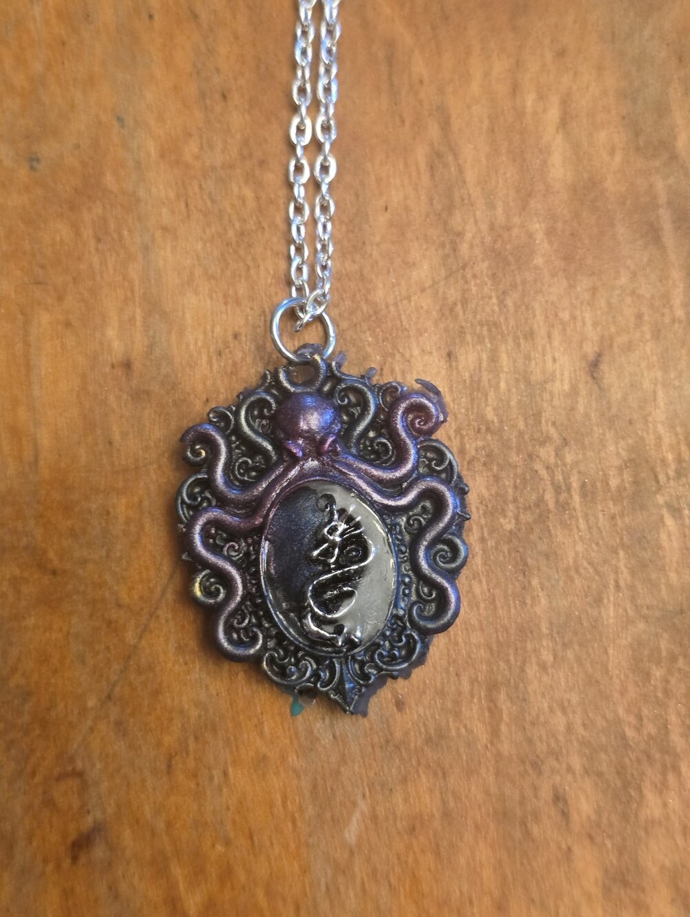 Purple Resin Octopus Brooch With Dragon In Belly On A Silver Tone Chain Necklace